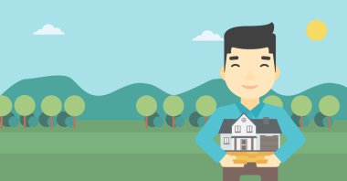 Adam tutan ev modeli vektör illüstrasyon.