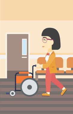 Woman pushing wheelchair vector illustration.