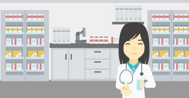 Eczacı hapları ve su vererek.