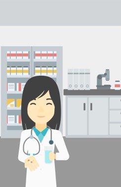 Eczacı hapları ve su vererek.