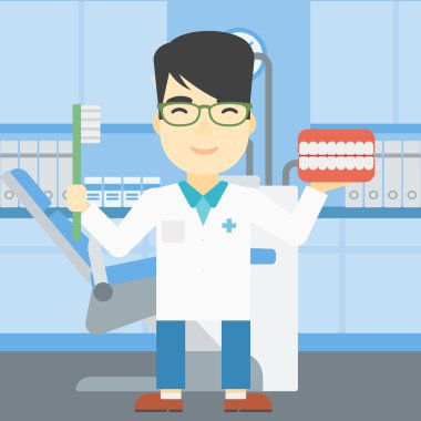 Dişçi diş çene modeli ve diş fırçası.