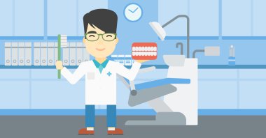 Dişçi diş çene modeli ve diş fırçası.