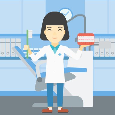 Dişçi diş çene modeli ve diş fırçası.