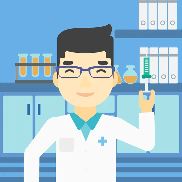 Asistente de laboratorio con jeringa en laboratorio . — Vector de stock