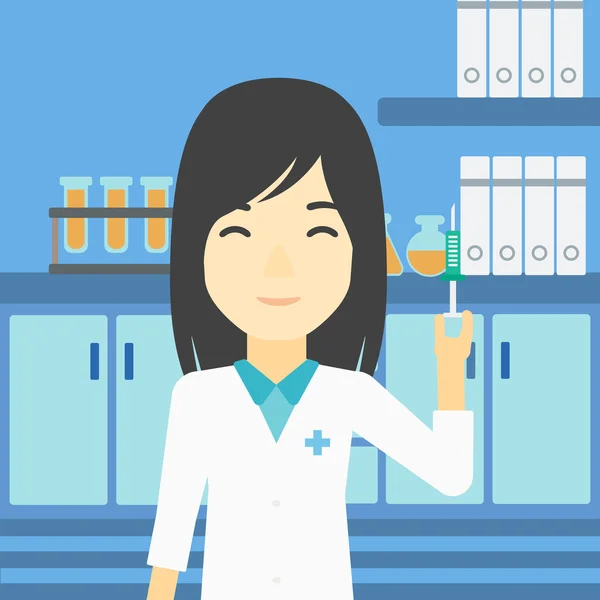 Assistente di laboratorio con siringa in laboratorio . — Vettoriale Stock