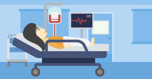 Γυναίκα ξαπλωμένη στο κρεβάτι νοσοκομείου διανυσματικά εικονογράφηση. — Διανυσματικό Αρχείο