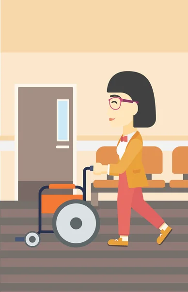 Woman pushing wheelchair vector illustration. — ストックベクタ