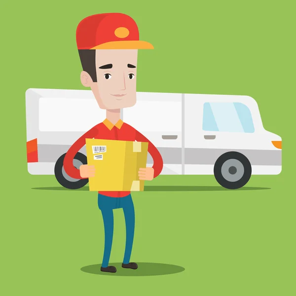 Vecteur Stock Vector illustration cartoon delivery man with carton box and  a car. Isolated white background. Flat style. The concept of a business  delivery service.