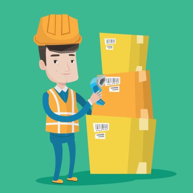 İşçi tarama barkod kutusu üzerinde ambar.