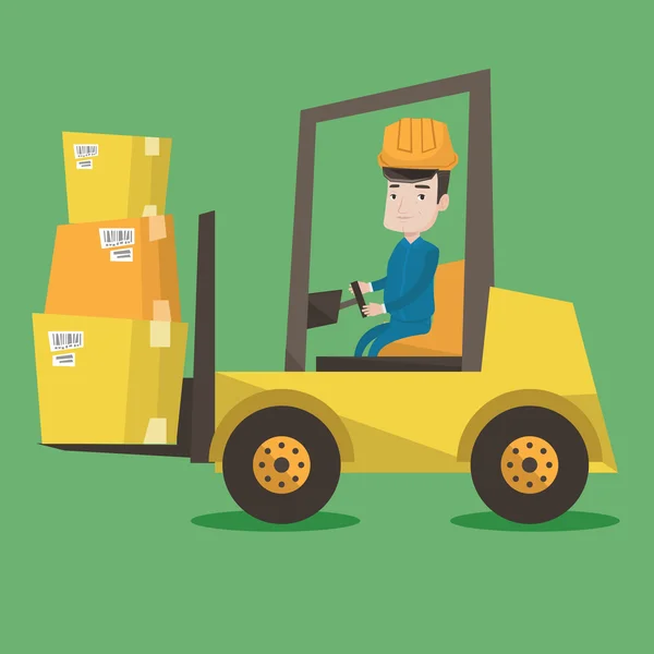 Warehouse worker moving load by forklift truck. — Stock Vector