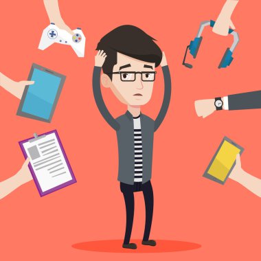 Genç adam onun gadget'lar ile çevrili.