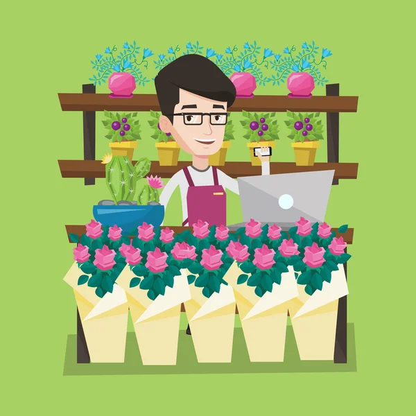 Florist på flower shop vektor illustration. — Stock vektor
