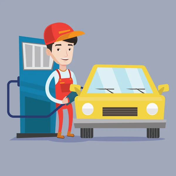 Trabajador llenando combustible en el coche . — Vector de stock