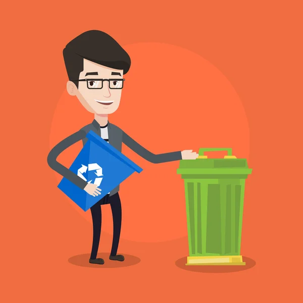 Hombre con papelera de reciclaje y bote de basura . — Vector de stock