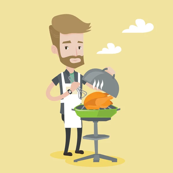 Man koken kip op de barbecue grill. — Stockvector