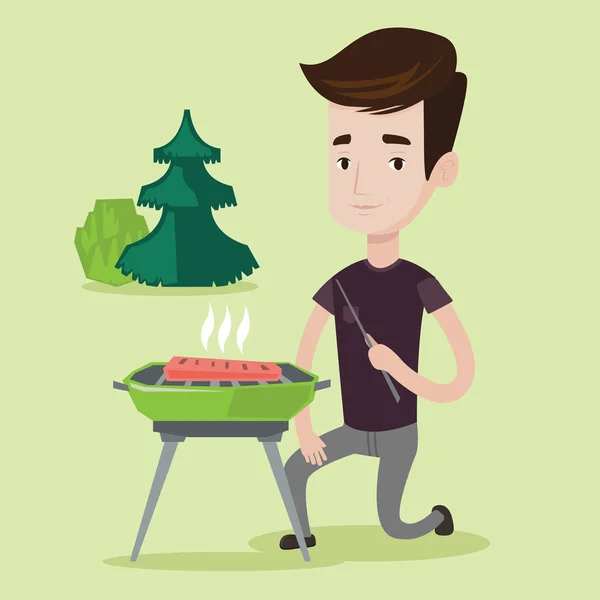 Człowiek, gotowanie mięsa na grilla ilustracja wektorowa. — Wektor stockowy