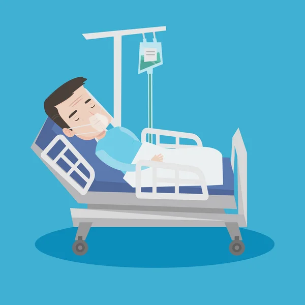 Paciente acostado en cama de hospital con máscara de oxígeno . — Vector de stock