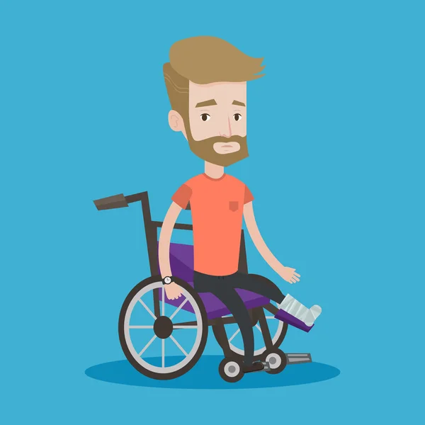 Hombre con la pierna rota sentado en silla de ruedas . — Vector de stock