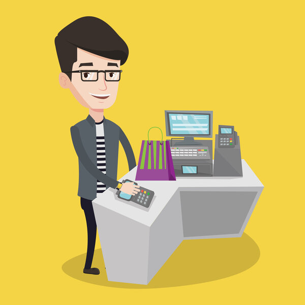 Man paying wireless with smart watch.