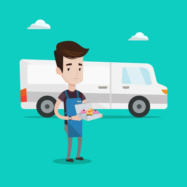 Baker delivering cakes vector illustration. Stock Illustration