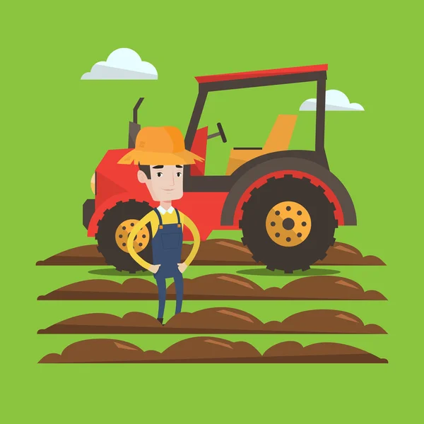 Agricultor de pie con tractor sobre fondo . — Vector de stock