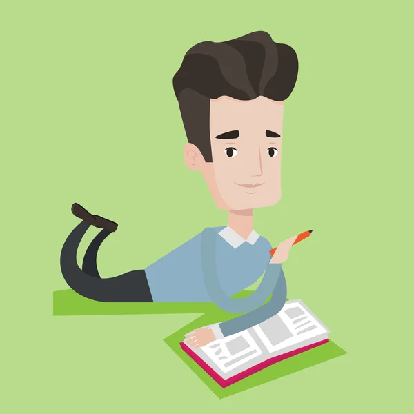 Estudiante tirado en el suelo y leyendo libro . — Vector de stock