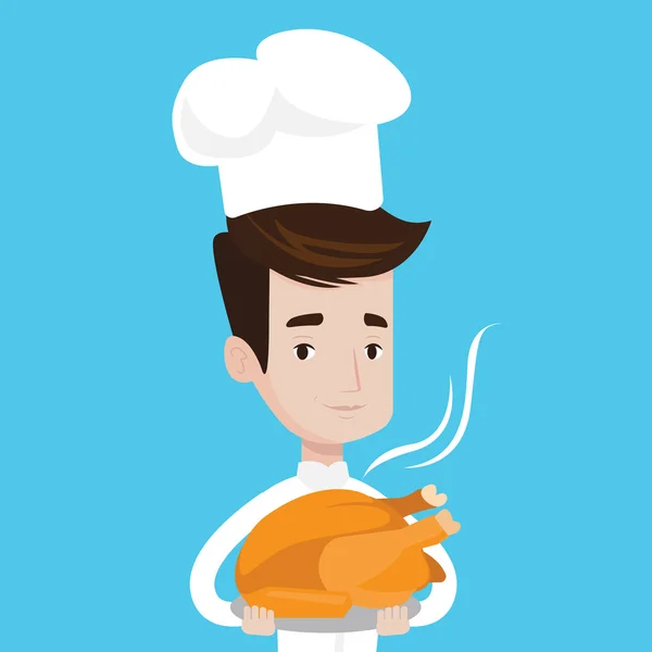 Chefe fogão segurando frango assado . — Vetor de Stock