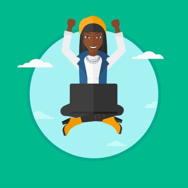 Woman sitting on cloud with laptop.