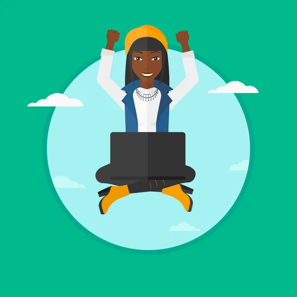 Woman sitting on cloud with laptop. — Stockvector