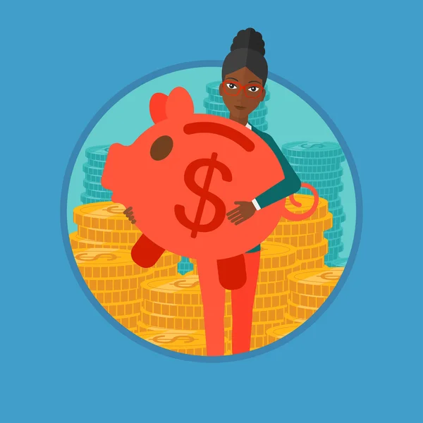 Woman carrying piggy bank vector illustration. — Stockový vektor