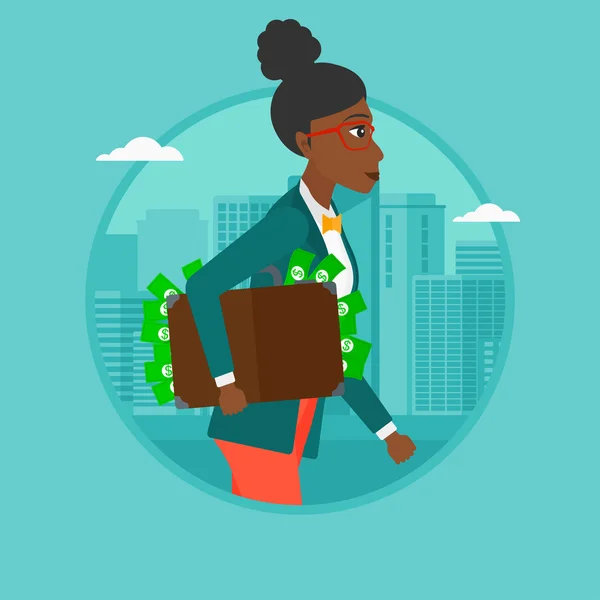 Mulher de negócios carregando pasta cheia de dinheiro . — Vetor de Stock