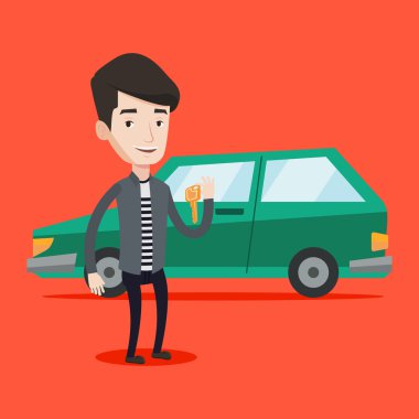 Yeni arabasının anahtarları tutan adam.