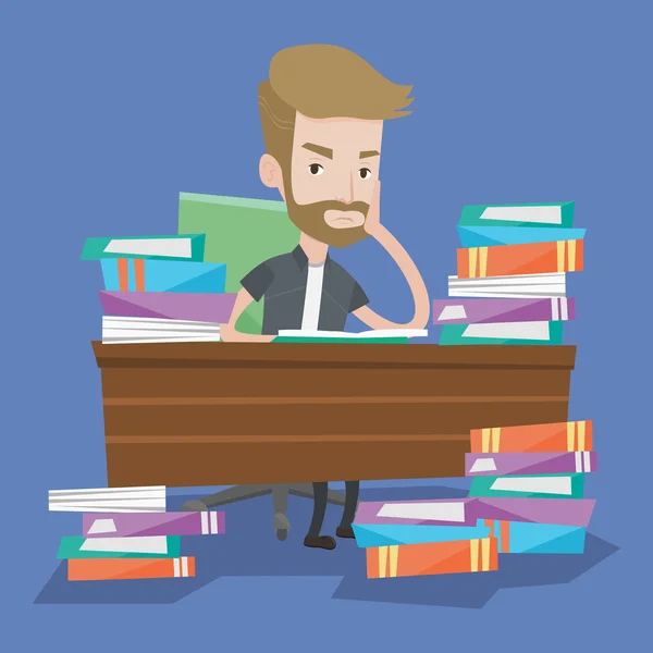 Estudiante sentado a la mesa con montones de libros . — Vector de stock