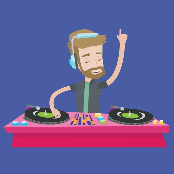 DJ mixing music on turntables vector illustration. — Stock Vector