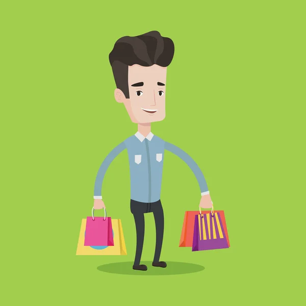 Hombre feliz con bolsas de compras vector ilustración . — Vector de stock
