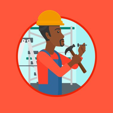 Worker hammering nail vector illustration.