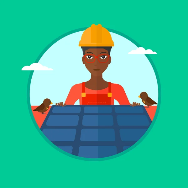 Constructeur installant des panneaux solaires . — Image vectorielle