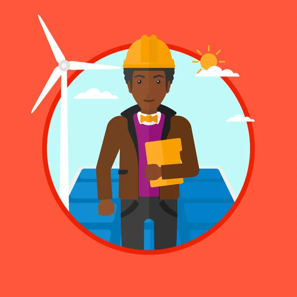 Male worker of solar power plant and wind farm. — Stock Vector