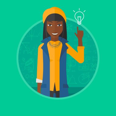 Woman pointing at light bulb vector illustration.