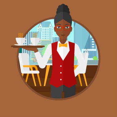 Coffeee su bardağı ile tepsi tutarak waiteress.