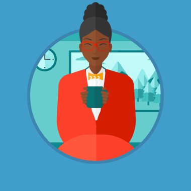 Woman drinking coffee or tea vector illustration.