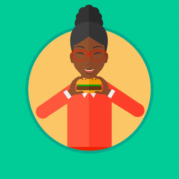 Wanita makan hamburger vektor ilustrasi . - Stok Vektor