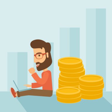 İşadamı altın sikke yığını ile sırt üstü oturuyor.