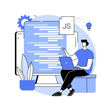 JavaScript soyut konsept vektör çizimi. Oyun motoru, JS geliştirme, web programlama, JavaScript dili, web sitesi projesi, mobil uygulama, dinamik kodlama süreci soyut metafor.