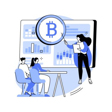 Kripto para ticareti kursları soyut konsept vektör çizimi. Kripto Ticaret Akademisi, akıllı sözleşmeler, dijital jetonlar ve engelleme teknolojisi, kurulum ve strateji, ICO soyut metaforu.