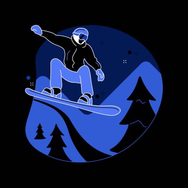 Soyut konsept vektör çizimi. Kış sporu, açık hava aktivitesi, snowboard kaskı ve gözlükleri, dağ tatili, ekstrem sporlar, alp kayağı, serbest stil binicisi, kar karanlığı metaforu..