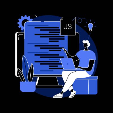 JavaScript soyut konsept vektör çizimi. Oyun motoru, JS geliştirme, web programlama, JavaScript dili, web sitesi projesi, mobil uygulama, dinamik kodlama süreci karanlık mod metaforu.
