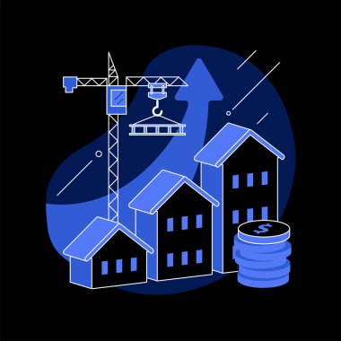 Özellik geliştirme soyut konsept vektör çizimi. Emlak geliştirme, emlak satın alma, inşaat sahasında vinçler, konut binası, yeni ev, yatırımcılar karanlık mod metaforu..