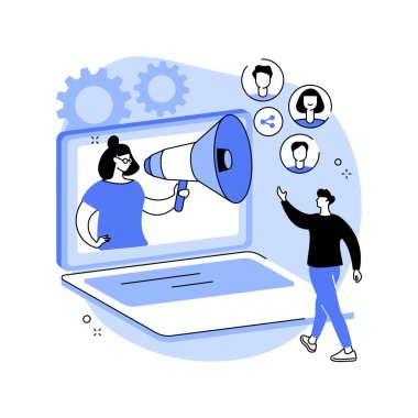 Referans programı soyut konsept vektör çizimi. Referans pazarlama yöntemi, arkadaş tavsiyesi, yeni müşteri, ürün tanıtımı, sosyal medya etkileyicisi, soyut sadakat metaforu.