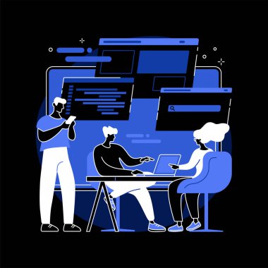 Sistem yazılım geliştirme soyut konsept vektör çizimi. Hepsi bir yazılım çözümünde, çekirdek sistem modernizasyonu, web tabanlı yazılım, veritabanı sistemleri ve uygulamalar oluşturma karanlık mod metaforu.